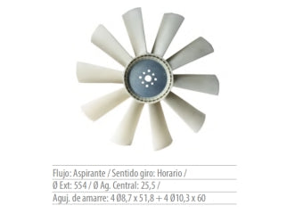 HELICES CUMMINS 4BT 3.9 TDI GIRO HORARIO - ASPIRANTE - DIAMETRO 554 MM - AGUJERO CENTRAL 25.5 MM_