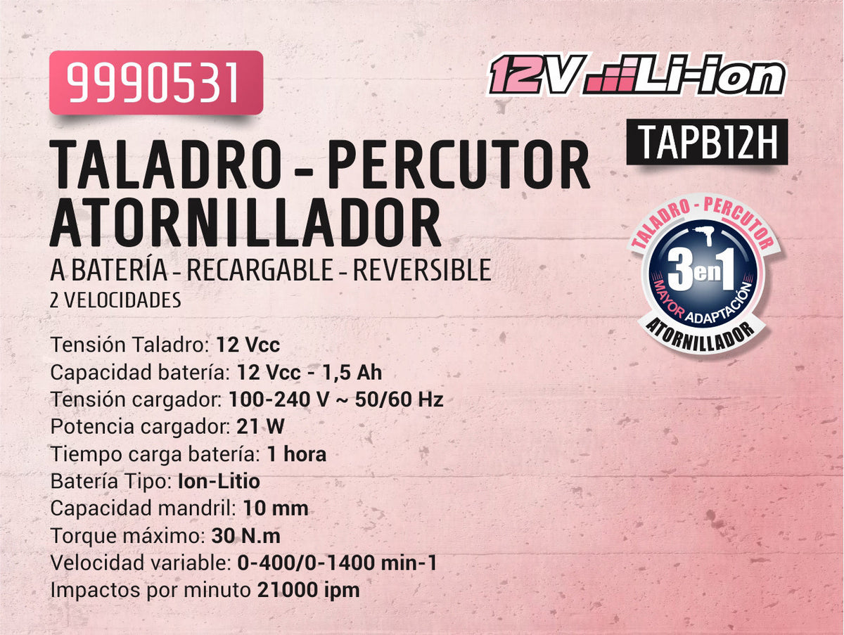 TALADRO PERC/ATORN.BAT 10mm 12V PIN
