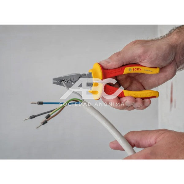 PINZA DE CRIMPADO VDE 180MM EN COLOR PLATA, AMARILLO Y ROJO DESARROLADA PARA ELECTRICISTAS BOSCH 1600A02NE6