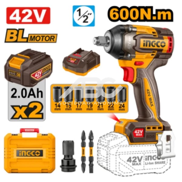 LLAVE IMPACTO 42V. BRUSHLESS MOTOR. SQUARE DRIVE: 1/2 INGCO CIWLI426024