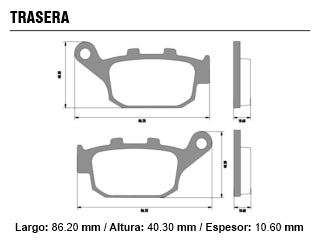 PASTILLAS DE FRENOS MOTOS YAMAHA FZ 16 153/ CORVEN TRIAX TOURING 250 / HONDA TRANSALP 600 TRASERA 86.20X40.30X10.60MM_