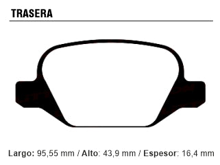 PASTILLAS DE FRENOS LIVIANOS FIAT LINEA 09/.. / ALFA ROMEO 147 / MERCEDES BENZ A190 99/.. TRASERA 95.55X43.90X16.40 MM_