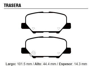 PASTILLAS DE FRENOS LIVIANOS PEUGEOT 4008 13/.. / CITROEN C4 12/.. / MITSUBISHI OUTLANDER 14/.. DELANTERA 101.50X44.40X14.30 MM_