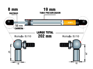 AMORTIGUADORES A GAS AGRICOLA VASALLI V910 PUERTA CABINA - LARGO 202MM - CARRERA 53MM - 180N_