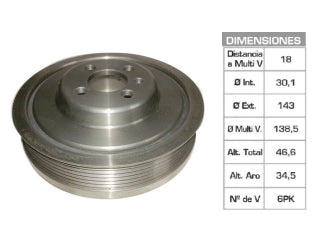 POLEAS DE CIGUE¥AL VOLKSWAGEN AMAROK/VENTO 2.0 16V TDI POLEA MAZA LARGA 30.1X143X46.6 MM - 6PK_
