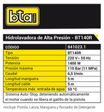 HIDROLAVADORA VERTICAL BT140R-110bar-6.5l/m