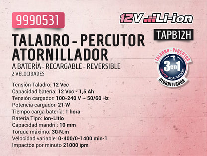 TALADRO PERC/ATORN.BAT 10mm 12V PIN