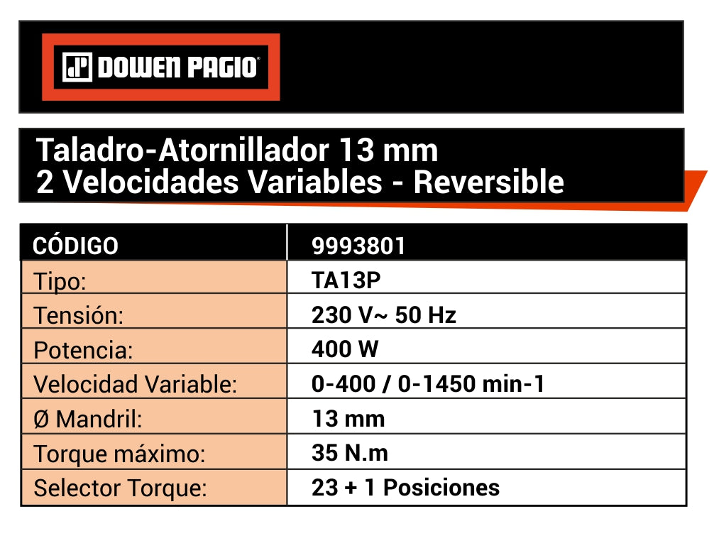 TALADRO ATORNILLADOR 13mm 400W DP
