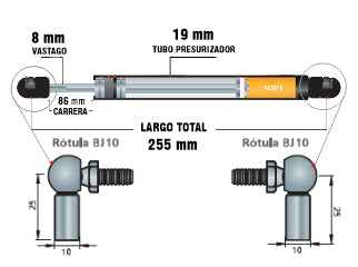 AMORTIGUADORES A GAS AGRICOLA METALFOR FUMIGADORA PUERTA - LARGO 255MM - CARRERA 86MM - 250N_