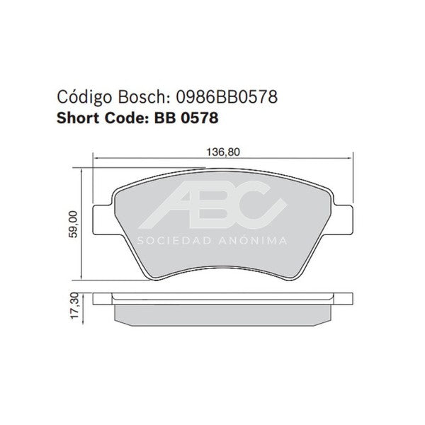 PASTILLAS DE FRENO - PAST. DEL KANGOO/MEGANE/SCENIC BOSCH 0986BB0578