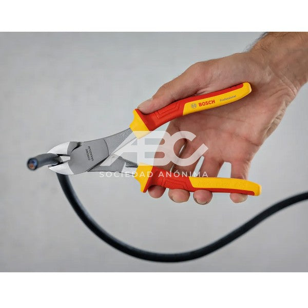 ALICATE CORTE LATERAL VDE 200 EN COLOR PLATA, AMARILLO Y ROJO DESARROLADA PARA ELECTRICISTAS BOSCH 1600A02NE2