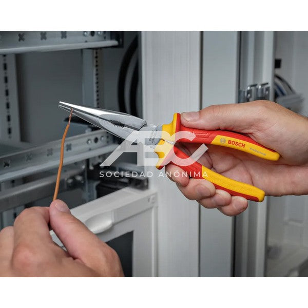 PINZA DE PUNTA VDE RECTO 200 EN COLOR PLATA, AMARILLO Y ROJO DESARROLADA PARA ELECTRICISTAS BOSCH 1600A02NE3