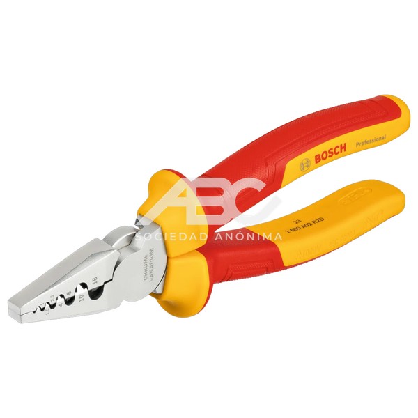 PINZA DE CRIMPADO VDE 180MM EN COLOR PLATA, AMARILLO Y ROJO DESARROLADA PARA ELECTRICISTAS BOSCH 1600A02NE6