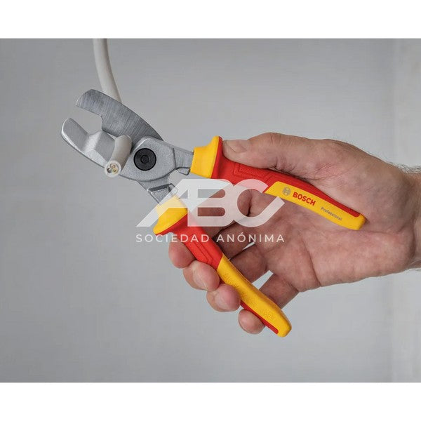 PINZA CORTACABLES VDE 200MM EN COLOR PLATA, AMARILLO Y ROJO DESARROLADA PARA ELECTRICISTAS BOSCH 1600A02NF4