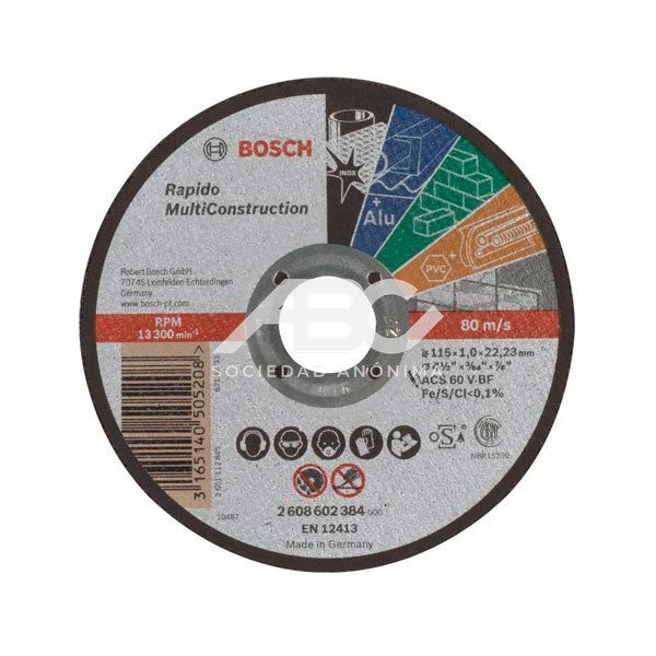 DISCO DE CORTE RÁPIDO - 115 X 1 - EXPERT MULTICONSTRUCCIÓN - RECTO BOSCH 2608602384