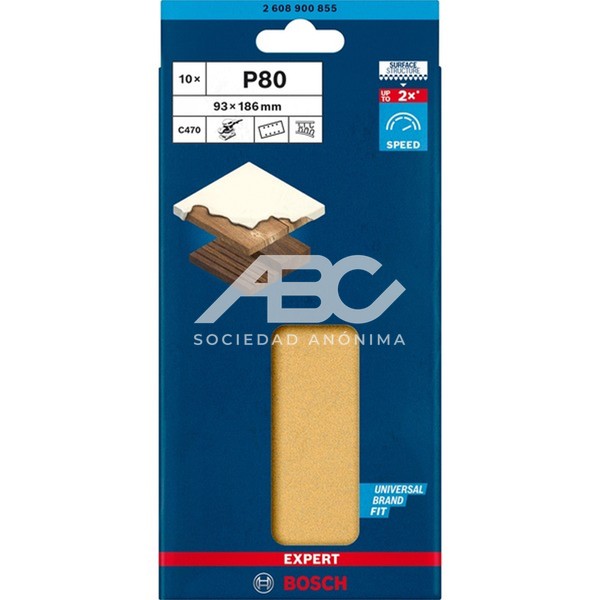 HOJA DE LIJA EXC470, G80,93X186MM X 10 UNIDADES BOSCH 2608900855