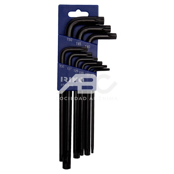 JUEGO LLAVES ACODADAS TORX 9 PIEZAS PAVONADAS MEDIDAS: T10, T15, T20, T25, T27, T30, T40 IRIMO 458-9-H