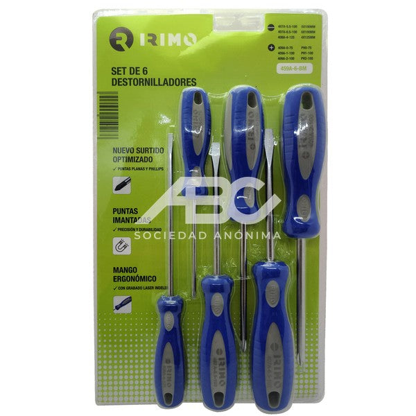 BLISTER DE 6 DESTORNILLADORES PUNTA PLANA Y PHILLIPS CON PUNTA MAGNÉTICA IRIMO 459A-6-BM
