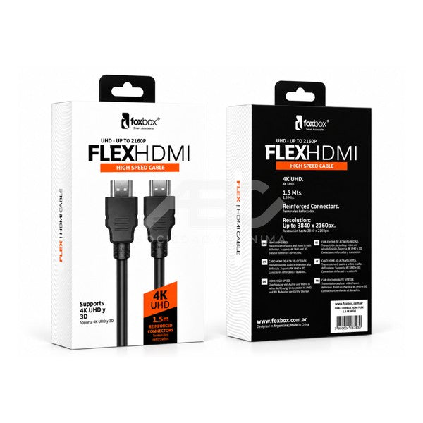 CABLE FOXBOX HDMI FLEX 1.5 M NEGRO - RESOLUCION 4K UHD- CONECTORES REFORZADOS 6755