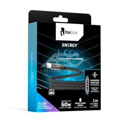 CABLE MAGNÉTICO FOXBOX LOOP TYPE-C A TYPE-C 60W- 1 METRO- NEGRO- ANTIENREDO - SUPER FLEXIBLE 8375