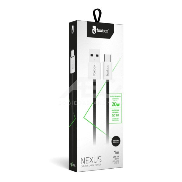CABLE CARGADOR FOXBOX NEXUS 20W 1M NEGRO- USB A TIPO C - CARGA RAPIDA 3.0 8731
