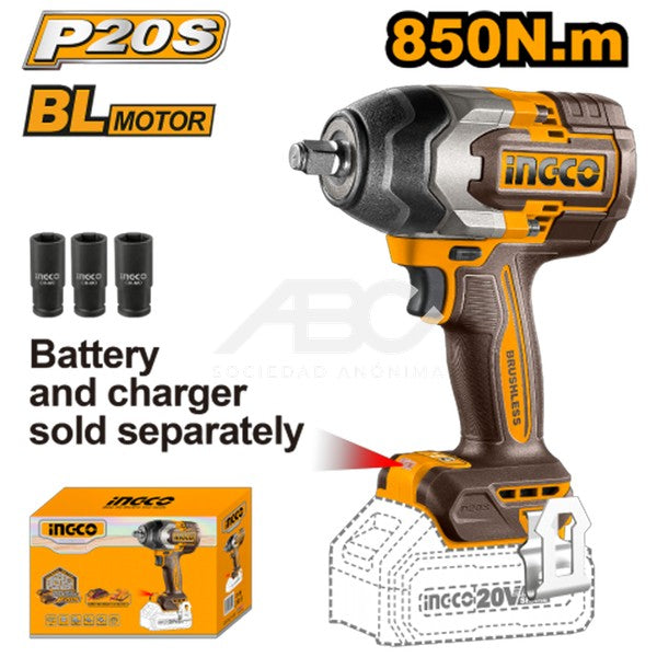 BRUSHLESS MOTOR. VOLTAGE: 20V. ENCASTRE:1/2. VELOCIDAD SIN CARGA:0-1600/0-2100/0-2400RPM INGCO CIWLI20851