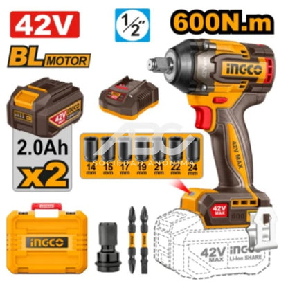LLAVE IMPACTO 42V. BRUSHLESS MOTOR. SQUARE DRIVE: 1/2 INGCO CIWLI426024