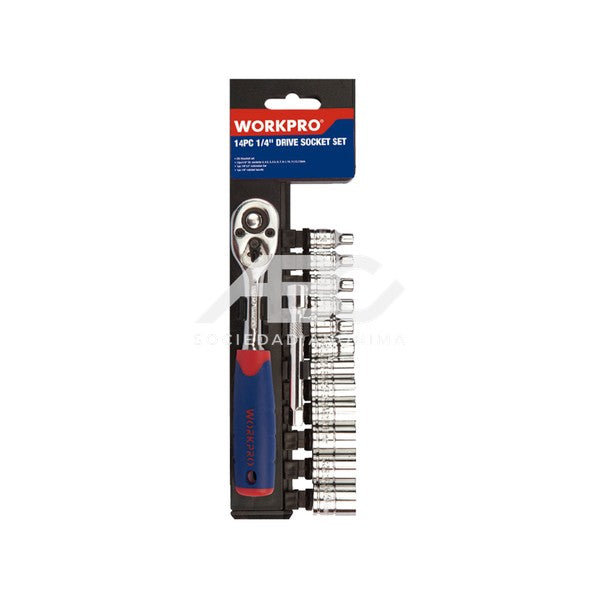 JUEGO BOCALLAVES CR-V CON LLAVE CRIQUE DE 1/4" (14 PIEZAS) WORKPRO WP202556