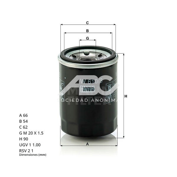 FILTRO DE ACEITE CHEVROLET FIAT HONDA ISUZU KIA MOTORS MAZDA MITSUBISHI NISSAN PROTON MANN W 610/3