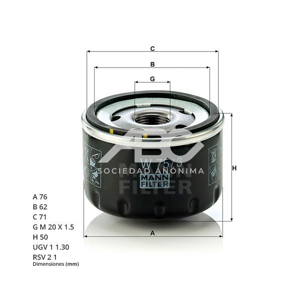 FILTRO DE ACEITE RENAULT SANDERO / STEPWAY 1.6 16V, RENAULT SYMBOL 1.6 16V, RENAULT EXPRESS MANN W 75/3