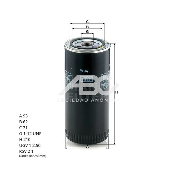 FILTRO DE ACEITE AGCO AGRALEDEUTZ BOMAG CASE CONSTRUCTION CATERPILLAR DEUTZ AG (ENGINES) DEUTZ MANN W 962