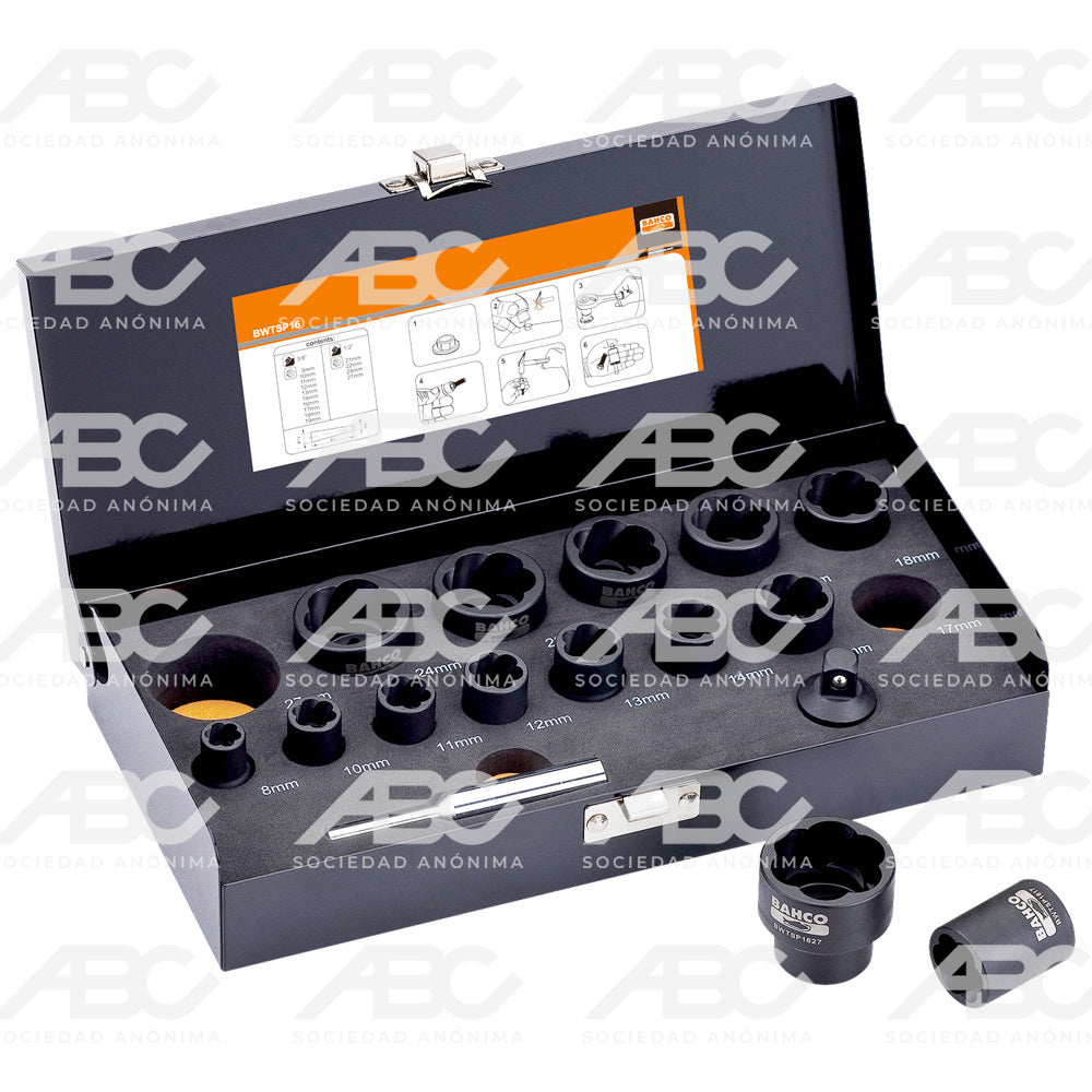 SET DE TUBOS 16 PCS JUEGO DE BOCALLAVES DISEÑADOS PARA AFLOJAR TUERCAS Y TORNILLOS DAÑADOS BAHCO BWTSP16