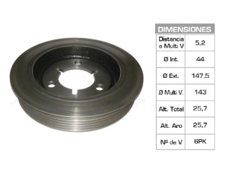 POLEAS DE CIGUE¥AL PEUGEOT 206/207/307/208/301/308/408/PARTNER / CITROEN C3/C4 1.6 16V TU5JP4-EC5 26X147.5X44 MM - 6PK_