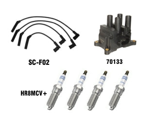 KIT CABLES + BUJIAS + BOBINAS FORD FIESTA/FOCUS/KA 1.0-1.6 ROCAM BOBINA FICHA CHICA_