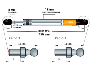 AMORTIGUADORES A GAS AGRICOLA AGCO ALLIS / VALTRA 1780/A/BH/BM VARIOS VENTANA CABINA LARGO 496MM - CARRERA 211MM - 240N_