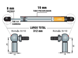 AMORTIGUADORES A GAS AGRICOLA PAUNY 180/210 PUERTA LARGO 312MM - CARRERA 108MM - 200N_