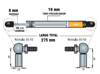 AMORTIGUADORES A GAS AGRICOLA JOHN DEERE TRACTOR PUERTA CABINA CABTRAC - LARGO 275MM - CARRERA 86MM - 200N_