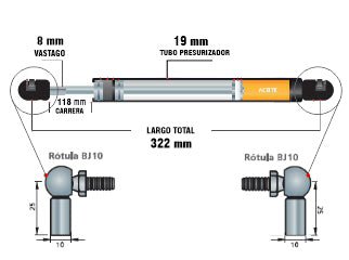 AMORTIGUADORES A GAS AGRICOLA VASALLI FABRIL RV125/RV150/RV150H TAPA ELEVADOR GRANO - LARGO 322MM - CARRERA 118MM - 180N_