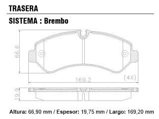 PASTILLAS DE FRENOS LIVIANOS MERCEDES BENZ SPRINTER 511-514-516-519 2.1 CDI OM651 20/.. TRASERA 164.90X78.10X20.40 MM_
