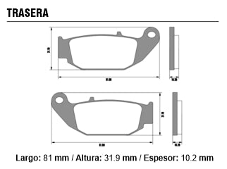 PASTILLAS DE FRENOS MOTOS HONDA CB 250 NEW TWISTER 15/../CBR XRE 190 16/../NXR 160 BROS ESD 15/.. TRASERA 81.00X31.90X10.20MM_