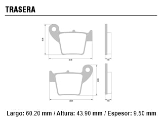 PASTILLAS DE FRENOS MOTOS HONDA CR 125-150-250 02/.. TRASERA 60.20X43.90X9.50MM_