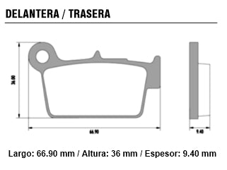 PASTILLAS DE FRENOS MOTOS YAMAHA YZ 125-250/WRF 250 03/.. / KAWASAKI KXF 250 04/.. / SUZUKI RMZ 250 05/.. TRASERA 36X66.9X9.4_