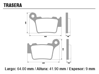 PASTILLAS DE FRENOS MOTOS HONDA CR 125 05/.. / KTM SX 200-250-300 TRASERA 64.00X41.90X9.00MM_