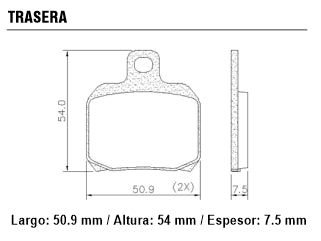 PASTILLAS DE FRENOS MOTOS DUCATI MULTISTRADA 1200 STD / BENELLI TNT 600 / MOTO GUZZI 750 TRASERA 50.90X54.00X7.50MM_