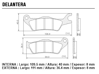 PASTILLAS DE FRENOS MOTOS SUZUKI GSX 150 L6 GIXXER 16/19 DELANTERA 109.40X40.00X8.00MM_