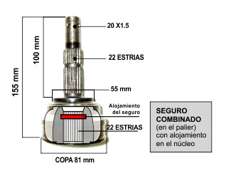 JUNTAS HOMOCINETICA LADO RUEDA CHEVROLET CORSA/PRISMA/AGILE/AVEO ESTRIAS 22/22 - COPA 81 MM - SEGURO COMBINADO_