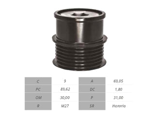 POLEAS DE MARCHA LIBRE MERCEDES BENZ O500 12.0 24V L6 BR900/OM457 ALTERNADOR SEG 30.00X89.62X69.05 MM - 9PK_