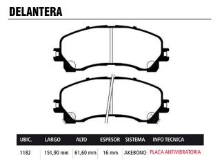 PASTILLAS DE FRENOS LIVIANOS CHEVROLET S10 2.5-2.8 TDI 17/.. / NISSAN X-TRAIL 2.8 TDI 13/.. DELANTERA 151.90X61.00X16.00 MM_