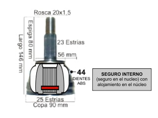 JUNTAS HOMOCINETICA LADO RUEDA RENAULT LAGUNA/MEGANE ESTRIAS 23/25 - COPA 90 MM - ABS 44 DIENTES - SEGURO INTERNO_