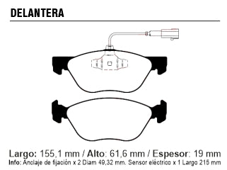 PASTILLAS DE FRENOS LIVIANOS FIAT BRAVO 1.8 16V ABSOLUTE DUALOGIC 10/.. DELANTERA SISTEMA ATE CON SENSOR 155.10X61.60X19.00 MM_